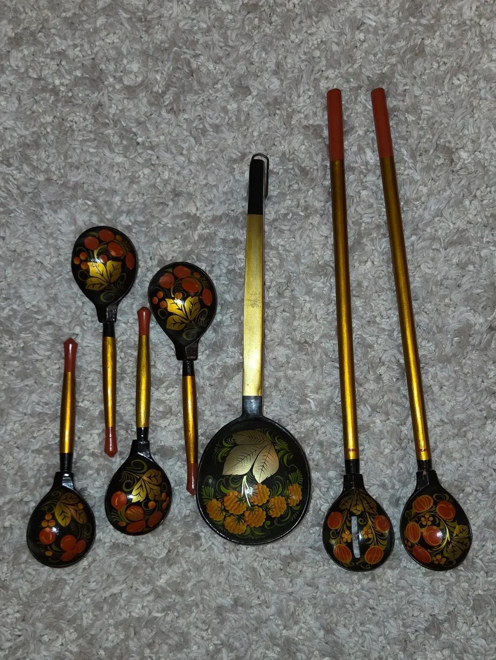 Khokhloma Hand-Painted Black and Gold Decorative Serving Spoons - Floral Design